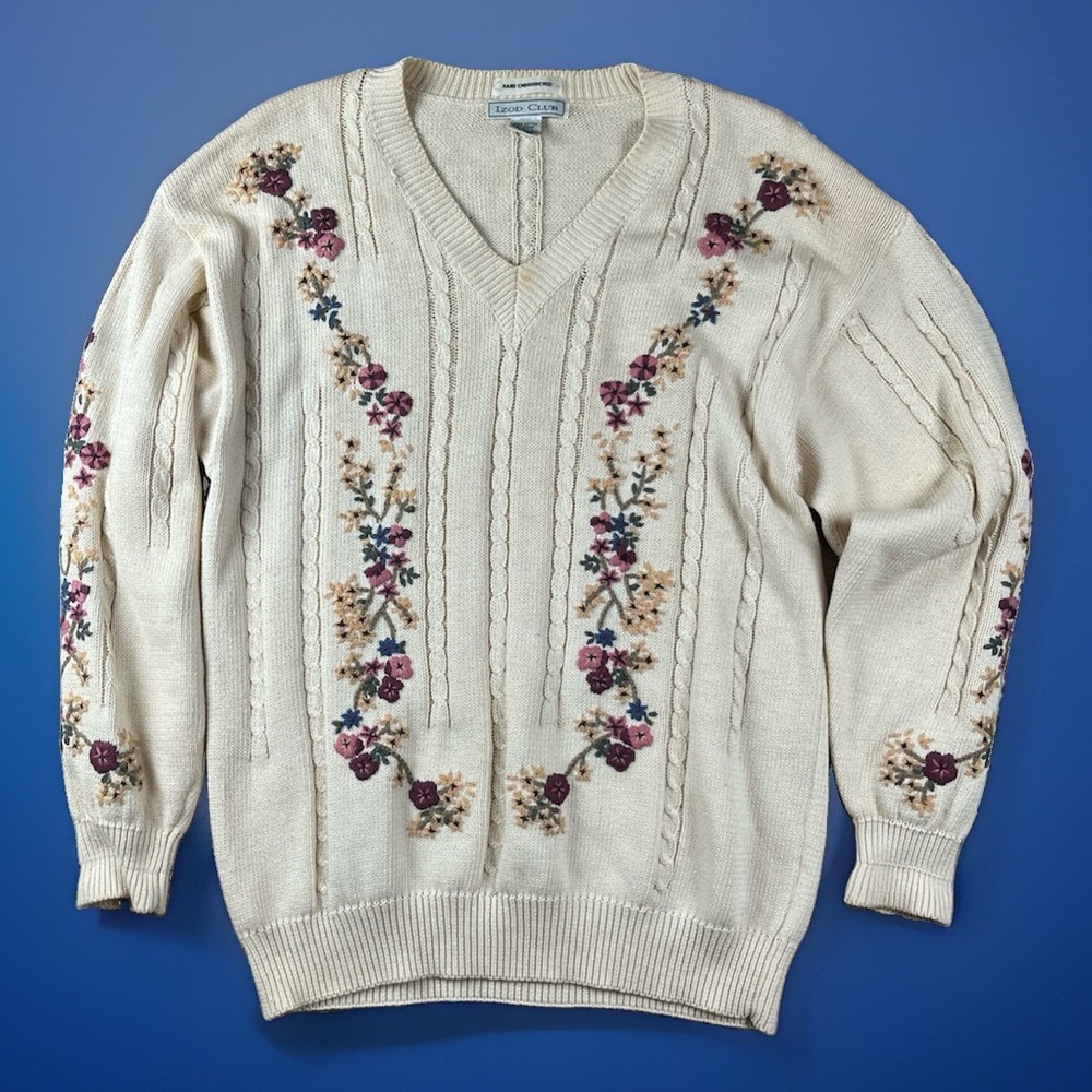 Vintage Izod Club Sweater Womens Size Large Hand Embroidered Floral Preppy